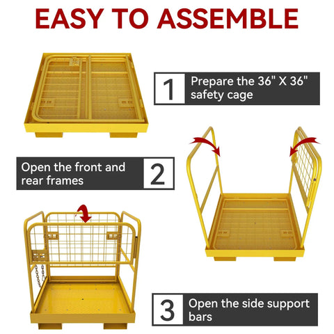 Built Tough Heavy Duty Forklift Safety Cage 1200 Lb Work Platform Foldable Man Basket for Aerial Jobs, assembly steps shown.