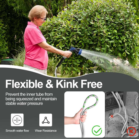 Person using 50 Foot Stainless Steel Garden Hose Heavy Duty With Nozzles, 304 Stainless Steel Water Pipe, Flexible, No Kink