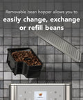 Removable bean hopper of Premium Stainless Steel Fully Automatic Espresso Maker With 15 Signature Drink Recipes and Easy Touch Controls.