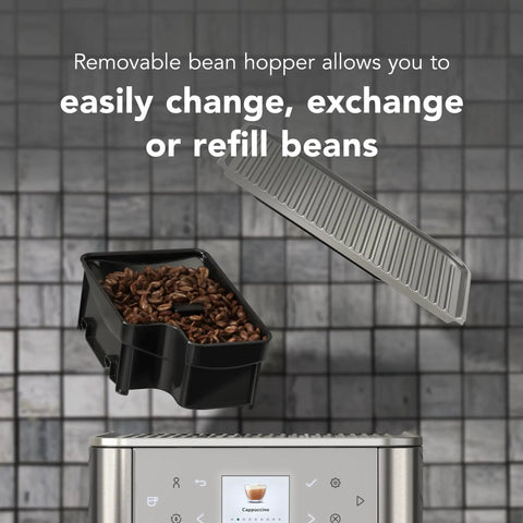Removable bean hopper of Premium Stainless Steel Fully Automatic Espresso Maker With 15 Signature Drink Recipes and Easy Touch Controls.