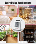 Solar Powered 2.2 Inch Digital Thermometer And Humidity Monitor No-Fuss Indoor Temperature And Humidity Gauge For Baby Rooms, Bedrooms, Home Office, And Wine Cellars White 2 Pack shown in bedroom, reptile enclosure, greenhouse, wine cabinet