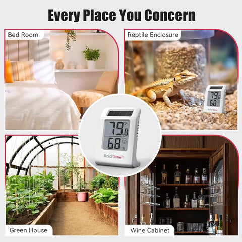 Solar Powered 2.2 Inch Digital Thermometer And Humidity Monitor No-Fuss Indoor Temperature And Humidity Gauge For Baby Rooms, Bedrooms, Home Office, And Wine Cellars White 2 Pack shown in bedroom, reptile enclosure, greenhouse, wine cabinet