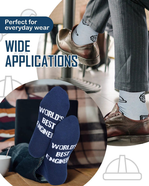 Six Pairs Mens Novelty Engineering Socks Set With Compasses Protractors Gears And Wrenches Cotton Crew Dress Socks Funny Gift For Engineer Dad Grandpa Birthday Fathers Day featuring engineer socks worn with dress shoes and "World's Best Engineer" design.