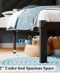 Super Sturdy Twin Size Metal Bed Frame With Faux Leather Platform And Button Tufted Headboard showing 12 inch under-bed storage space.
