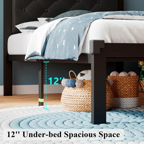 Super Sturdy Twin Size Metal Bed Frame With Faux Leather Platform And Button Tufted Headboard showing 12 inch under-bed storage space.