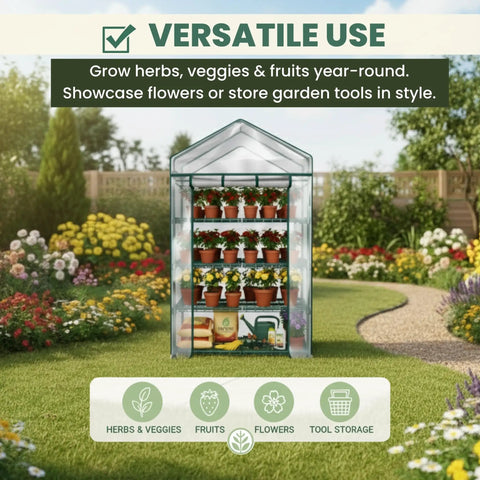 4 Tier Portable Greenhouse With Locking Wheels And PVC Cover For Indoor Or Outdoor Use, 27 Inch Wide Shelves That Hold 24 Lbs Per Tier, A Slick Mini Greenhouse For Seedlings, Herbs, And Small Plants