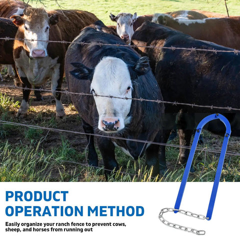 Heavy Duty Fence Repair Tool For Quick Fixes And Barbed Wire Fences Durable Fence Stretcher For DIY Projects Easy Tightening And Restoration Pro Grade Fence Fixer That Gets The Job Done shown near barbed wire fence with cows.