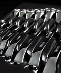 Close-up of 7 Piece Offset Bolt Extractor Wrench Set With 6 Point Box End For Stripped Bolts And Nuts Rounded Fastener Remover Kit Metric Design