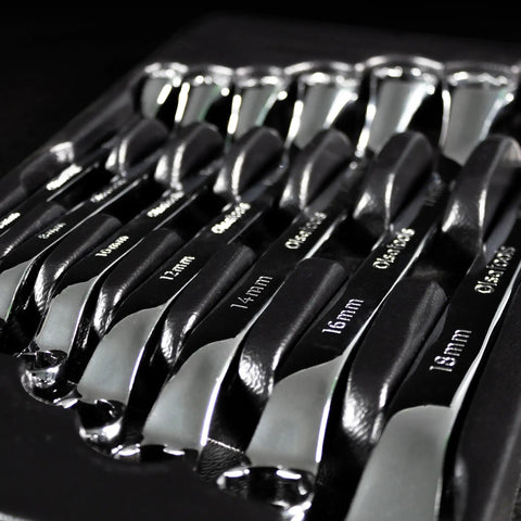 Close-up of 7 Piece Offset Bolt Extractor Wrench Set With 6 Point Box End For Stripped Bolts And Nuts Rounded Fastener Remover Kit Metric Design