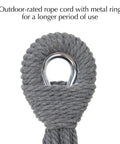 Outdoor Double Hammock For Patio And Garden, close-up of gray rope cord with metal ring for durability, Brazilian Style Cotton Blend.