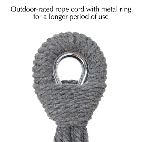 Outdoor Double Hammock For Patio And Garden, close-up of gray rope cord with metal ring for durability, Brazilian Style Cotton Blend.