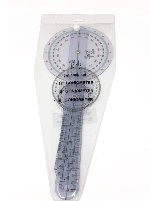 Three Piece Goniometer Set With 12 Inch, 8 Inch, And 6 Inch Plastic Goniometers Plus Handy Carrying Case For Precise Joint Range Of Motion Measurements And Rehab Workouts, packaged set