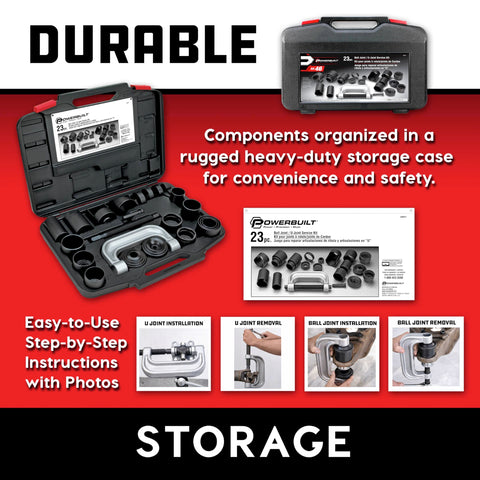 Ball And U Joint Service Set 23 Piece Tool Kit Pro Grade For Removing And Installing Ball Joints And U Joints Includes Receiving Tubes Adapters Sockets Heavy Duty C Frame in storage case with instructions