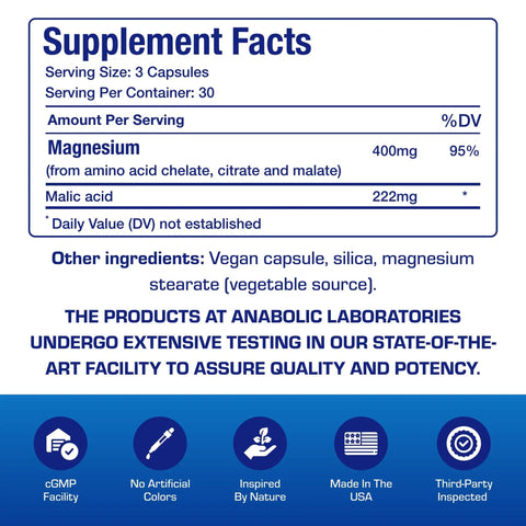 Mega Strong Magnesium Complex 400 Mg Chelated With Glycinate Malate And Citrate For Real Muscle Nerve Bone And Digestive Health Support One Month Supply supplement facts label