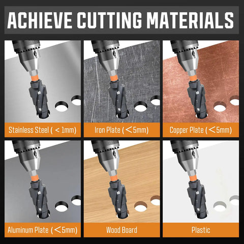 Three Piece Unibit Step Drill Bit Set drilling holes in various materials including stainless steel, copper, and plastic.
