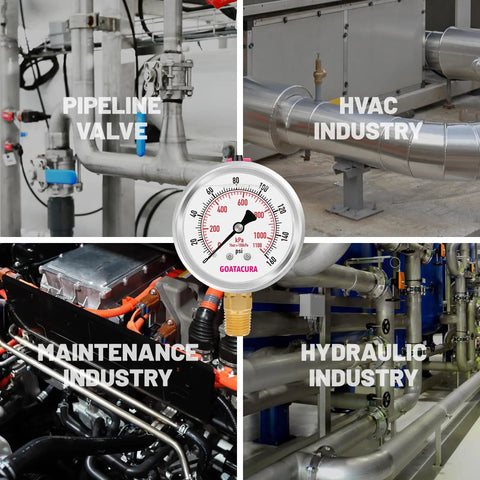 Glycerin Filled Pressure Gauge For Gas And Liquid Pressure 0 To 160 Psi Two And A Half Inch Dial Stainless Steel Case With Vent Valve One Quarter Inch NPT Lower Mount Built To Last Workhorse Grade With Shock Resistant Performance in industrial settings.