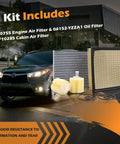 All In One Engine Air Filter Oil Filter And Cabin Air Filter Kit with filters displayed beside Toyota vehicle