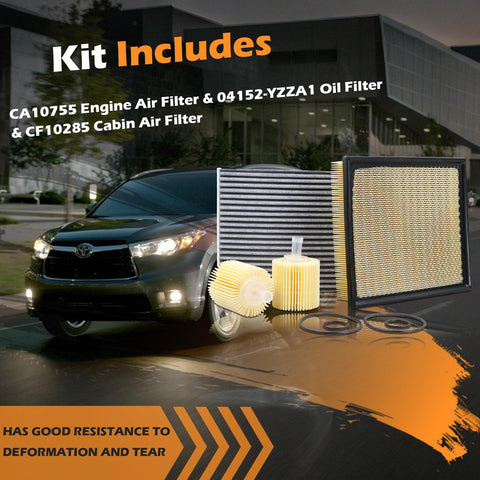 All In One Engine Air Filter Oil Filter And Cabin Air Filter Kit with filters displayed beside Toyota vehicle