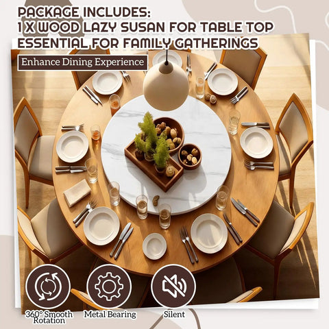 Oversized 24 Inch Marble White Wood Lazy Susan For Tabletop Large Turntable Rotating Serving Tray on dining table setup