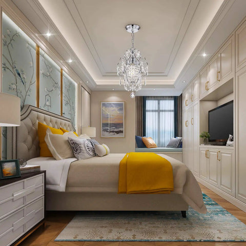 Small Chrome Crystal Chandelier Light Fixture with Iron Frame in a modern bedroom setting, ceiling mounted