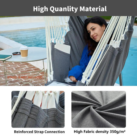 Woman relaxing in Heavy Duty Hanging Hammock Chair Swing With Footrest For Outdoor Patio Porch Lounge Up To 500 Lbs, Dark Grey