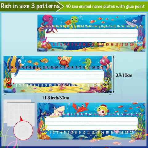 Sea Animal Themed Classroom Name Plates Pack Of 40 With Adhesive Dots showing colorful aquatic design and manuscript alphabet tags.