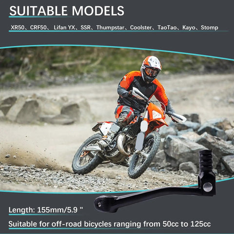 Rider on dirt bike with CNC Aluminum Folding Gear Shifter Lever For Dirt Pit Bikes Go To 50cc To 125cc 2 Inch Foldable Shift Arm in focus