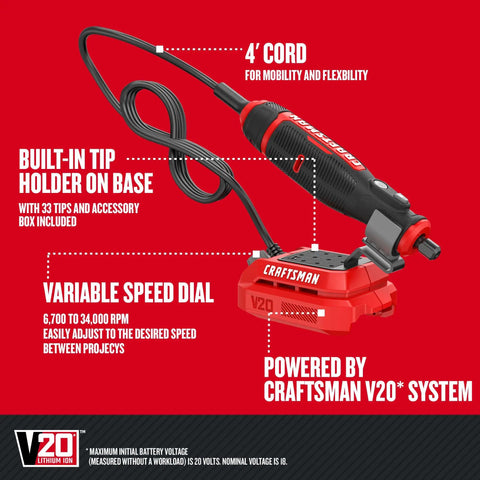 Cordless Rotary Tool With Variable Speed Dial For Precise Finishing From 6,700 To 34,000 RPM, 4 Ft Cord, Built In Tip Holder