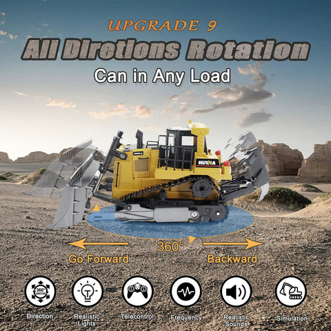 Remote Control Bulldozer One Sixteenth Scale With Light And Sound Nine Channel Front Loader RC Toy with rotation feature