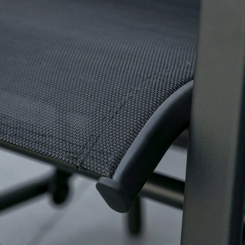 Close-up of breathable sling seat on Two-Seat Outdoor Glider Chair Set With Coffee Table For Patio And Backyard, durable steel frame detail