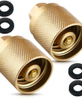Datanly 2-pack forklift propane female connectors, knurled gold brass, 1-1/4 in inlet x 1/4 in NPT outlet, with four O-rings.