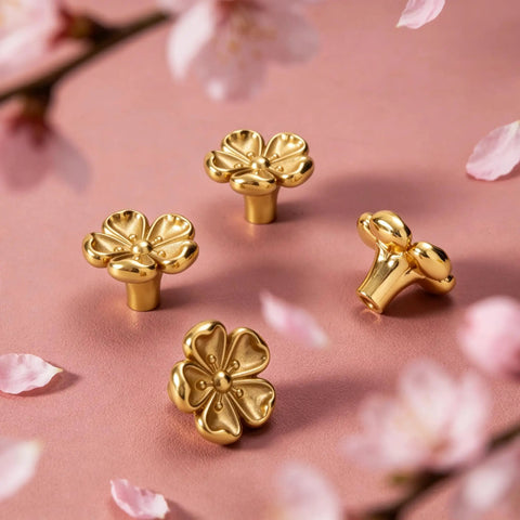 Premium Solid Brass Gold Cabinet Knobs With Cherry Blossom Flower Design Super Durable For Dresser Drawers Kitchen Cabinets And Closets