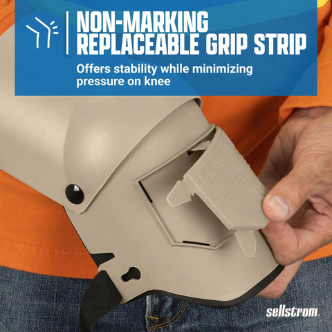 Person inserting grip strip into Ultra Flex III KneePro Triple Layer Foam Knee Pads With Heavy Duty Shell And Speed Clips.
