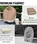 Heavy Duty Patio Hanging Egg Chair Cover For Double Seat Wicker Swing With Stand Protector 600D Waterproof Outdoor Shield Fadeproof UV Resistant Light Tan And Khaki covering a double seat chair on a patio.