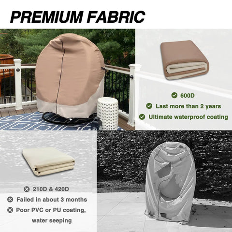 Heavy Duty Patio Hanging Egg Chair Cover For Double Seat Wicker Swing With Stand Protector 600D Waterproof Outdoor Shield Fadeproof UV Resistant Light Tan And Khaki covering a double seat chair on a patio.