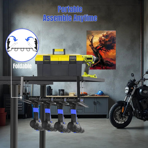 Installed under workbench drill holder table mount with clamp for cordless tools grab and go 16.6 inch reach 1 tier metal shelf