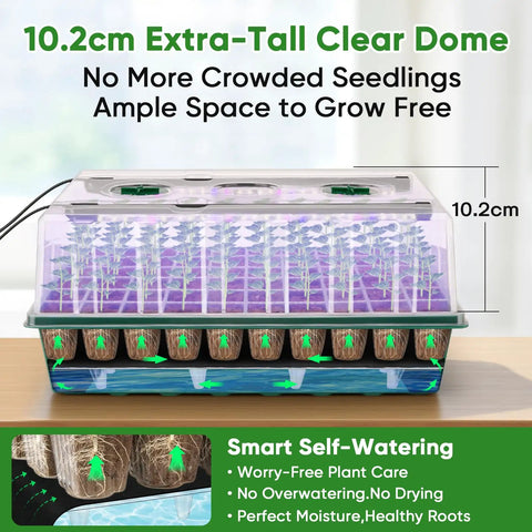 Self Watering Seed Starter Kit With Grow Light, 120-Cell Germination Tray, 1-24 Hour Timer, Humidity Dome, Indoor Plant Starter Kit, Seedlings Tray Green