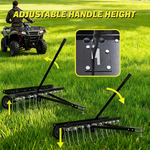 Tow Behind Dethatcher With 40 Inch Wide Working Surface And 20 Spring Steel Tines For Lawn Thatch Removal Compatible With ATVs