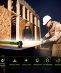 Cordless Underhood Work Light With Magnetic Base, 3000 Lumen LED illuminating construction area at night, USB charge shown