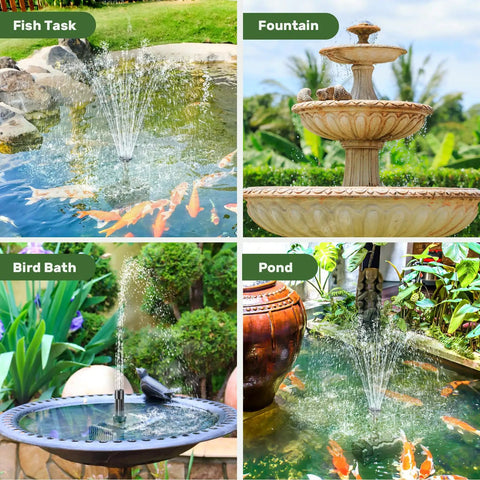 8W Solar Fountain Pump With 3600mAh Backup Battery in bird bath, small pond, and fish task creating water sprays