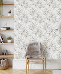 Floral Peel And Stick Wallpaper For Bedroom And Home Decor Grey Boho Eucalyptus Leaf Farmhouse Contact Paper Self Adhesive And Removable For Cabinets Drawers And Nursery 17.3In Wide By 197In Long showcased on a living room wall with chair and shelves.