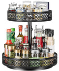 Front view of a two-tier black metal Lazy Susan spice rack on a pedestal; 12-inch rotating turntable.