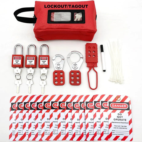 Four In One Lockout Tagout Kit For Electrical And Mechanical Safety Boss Level OSHA Compliant with pouch, padlocks, hasps, tags.