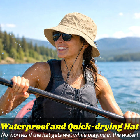 Woman kayaking wearing Unisex Sun Bucket Hat With UV Protection, Lightweight Packable And Foldable Waterproof Beach And Hiking Hat For Men And Women