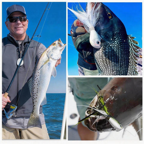 Collage of fishing with Premium Bucktail Jigs With Hair Lures, Five Pack 0.25 Ounce To 2.0 Ounce Jig Heads, catching various fish.