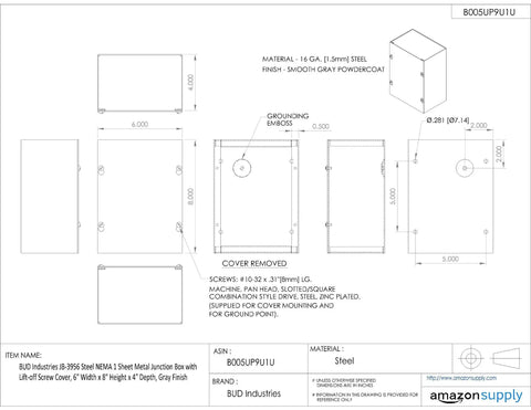 Straight Up 16 Gauge Welded Steel Nema 1 Sheet Metal Junction Box In Gray dimensions and layout schematic.