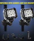 Four Pack Aluminum Mounting Bracket Kit For LED Off Road Light Bars Fits 1 Inch To 2 Inch Tubes Tube Clamp For Roof Roll Cage Holder Black Two Year Warranty, showcasing LED light bars on black tubes with clamps.