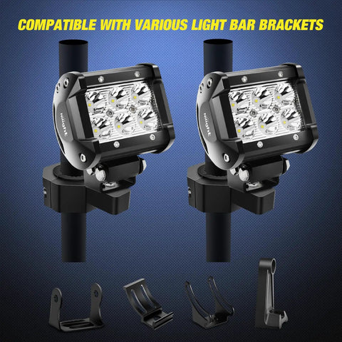 Four Pack Aluminum Mounting Bracket Kit For LED Off Road Light Bars Fits 1 Inch To 2 Inch Tubes Tube Clamp For Roof Roll Cage Holder Black Two Year Warranty, showcasing LED light bars on black tubes with clamps.
