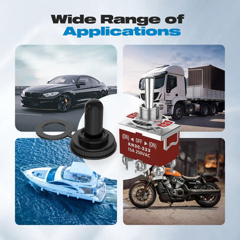 Momentary DPDT Toggle Switch 6 Pin Three Position Waterproof Marine Grade 30A 12V DC 15A 250V AC Heavy Duty With Boot Cover Cap For Car Boat 2 Pack Ideal For Marine Applications And DIY Projects, shown for car, truck, boat, and motorcycle use