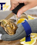 Level 9 ANSI A9 Beefy Cut Resistant Gloves With Stainless Steel Mesh And Metal Wire Construction For Meat Processing And Food Prep Heavy Duty Rustproof Hand Protection Medium Size worn while shucking oysters